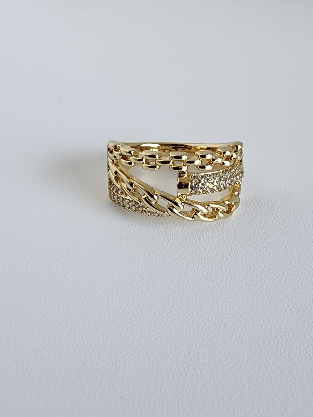 Gold Plated CZ Chain Link Statement Ring Size 9 Luxury Glam